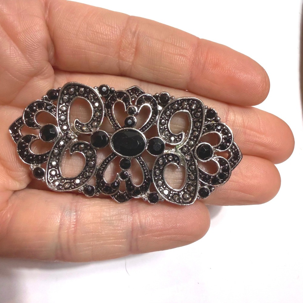 Vintage Style Silver Tone Black Stone Filigree Brooch Victorian Gothic Pin